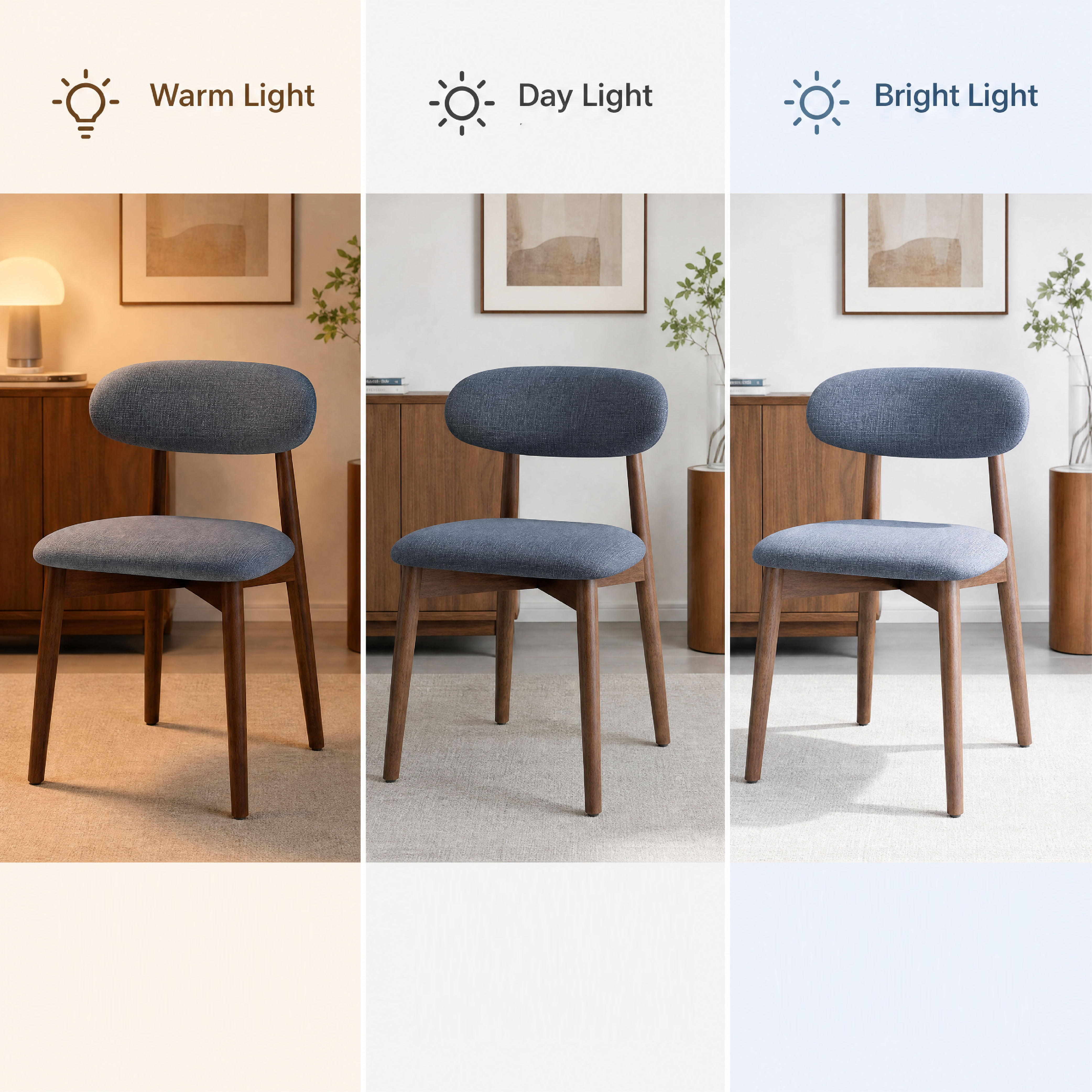COLAMY NOYA Blue Dining Chair comparison graphic showing the same upholstered dining chair in three lighting panels labeled Warm Light, Day Light, and Bright Light. The chair has a light sage green fabric seat and back with medium brown wooden legs and arm supports, set in a softly styled room with wood flooring and wall decor.