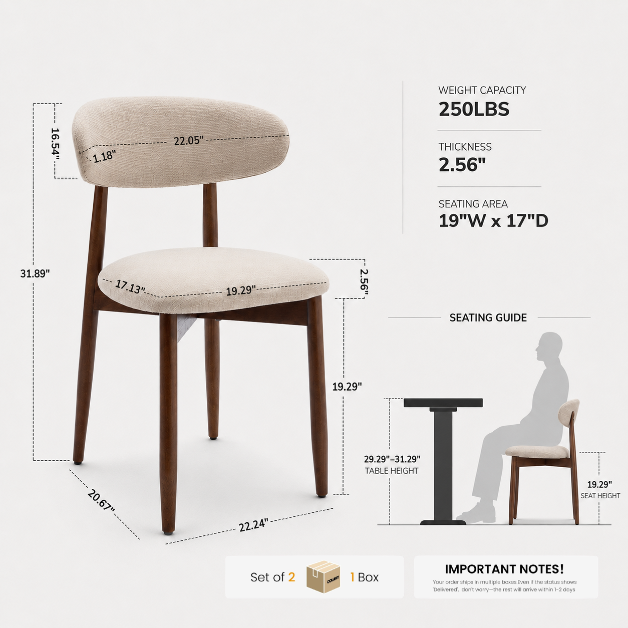 NOYA upholstered dining chair dimensions with seat height seat width and weight capacity
