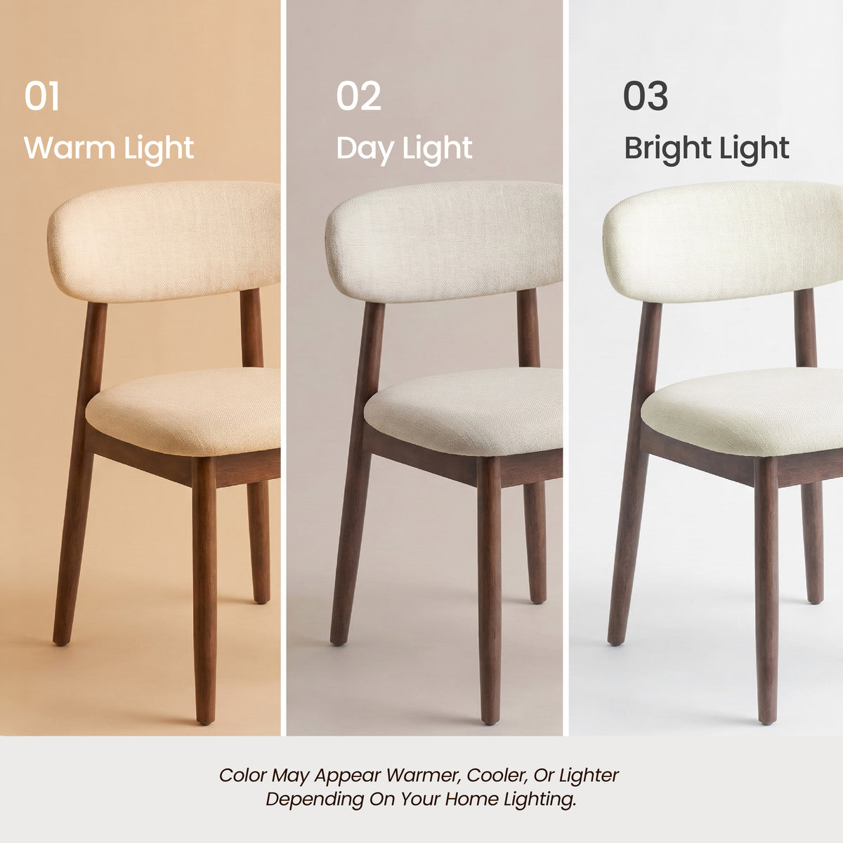 COLAMY NOYA beige fabric dining chair colour shown under warm daylight and bright lighting