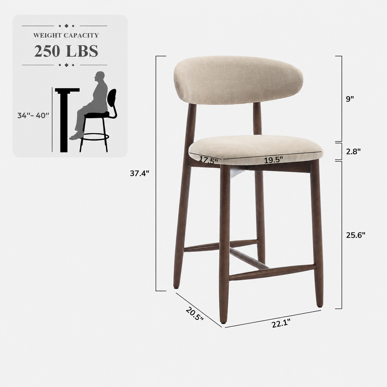 Colamy upholstered Bar stool with dimensions and weight capacity on a white background