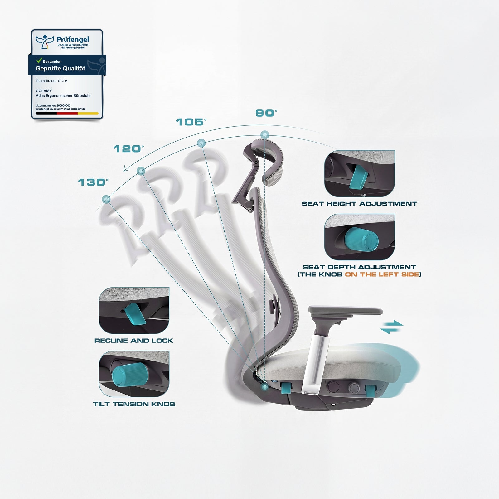 COLAMY ATLAS adjustable ergonomic office chair with recline lock seat height and seat depth controls