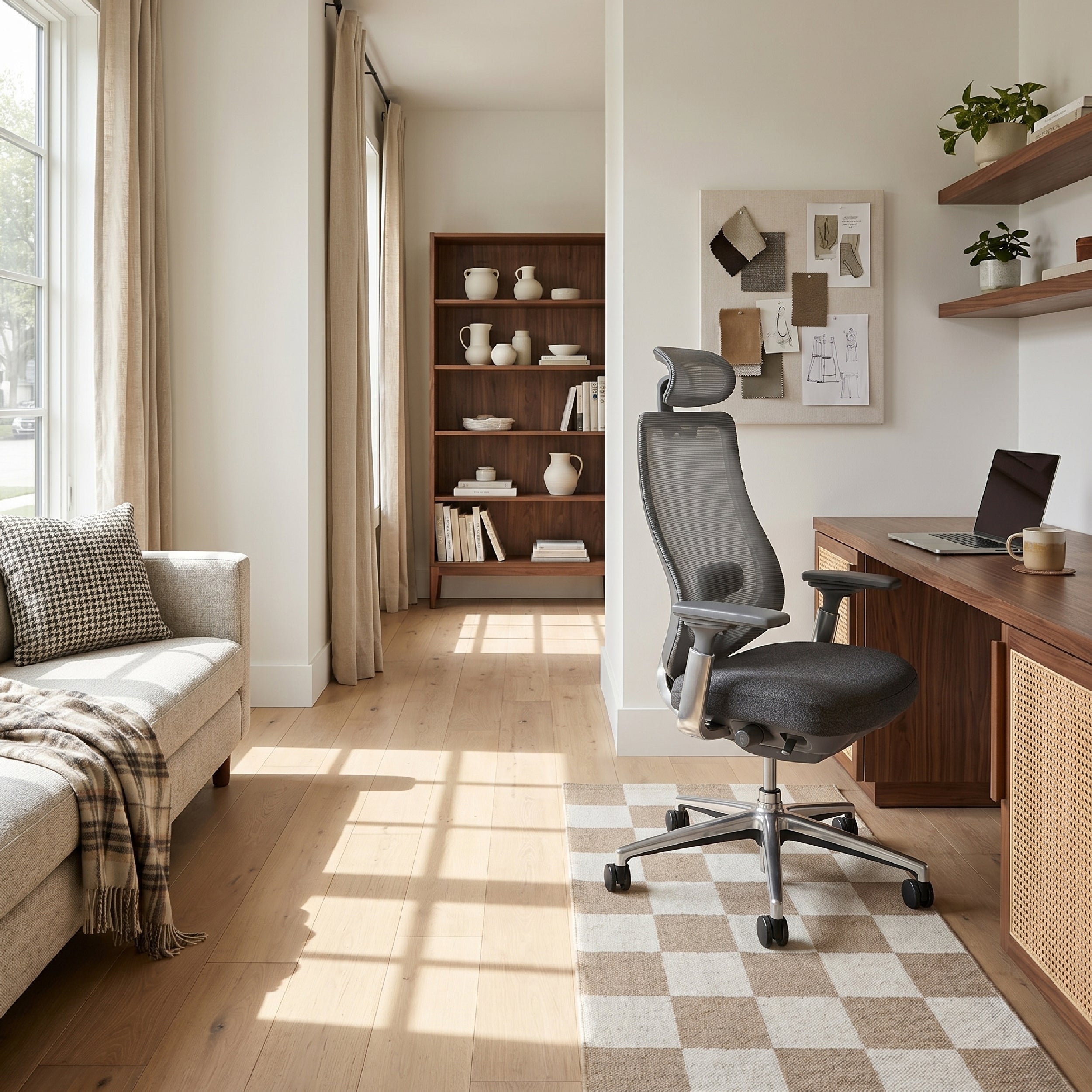 COLAMY ATLAS dark grey ergonomic mesh office chair in a bright home office with wooden desk