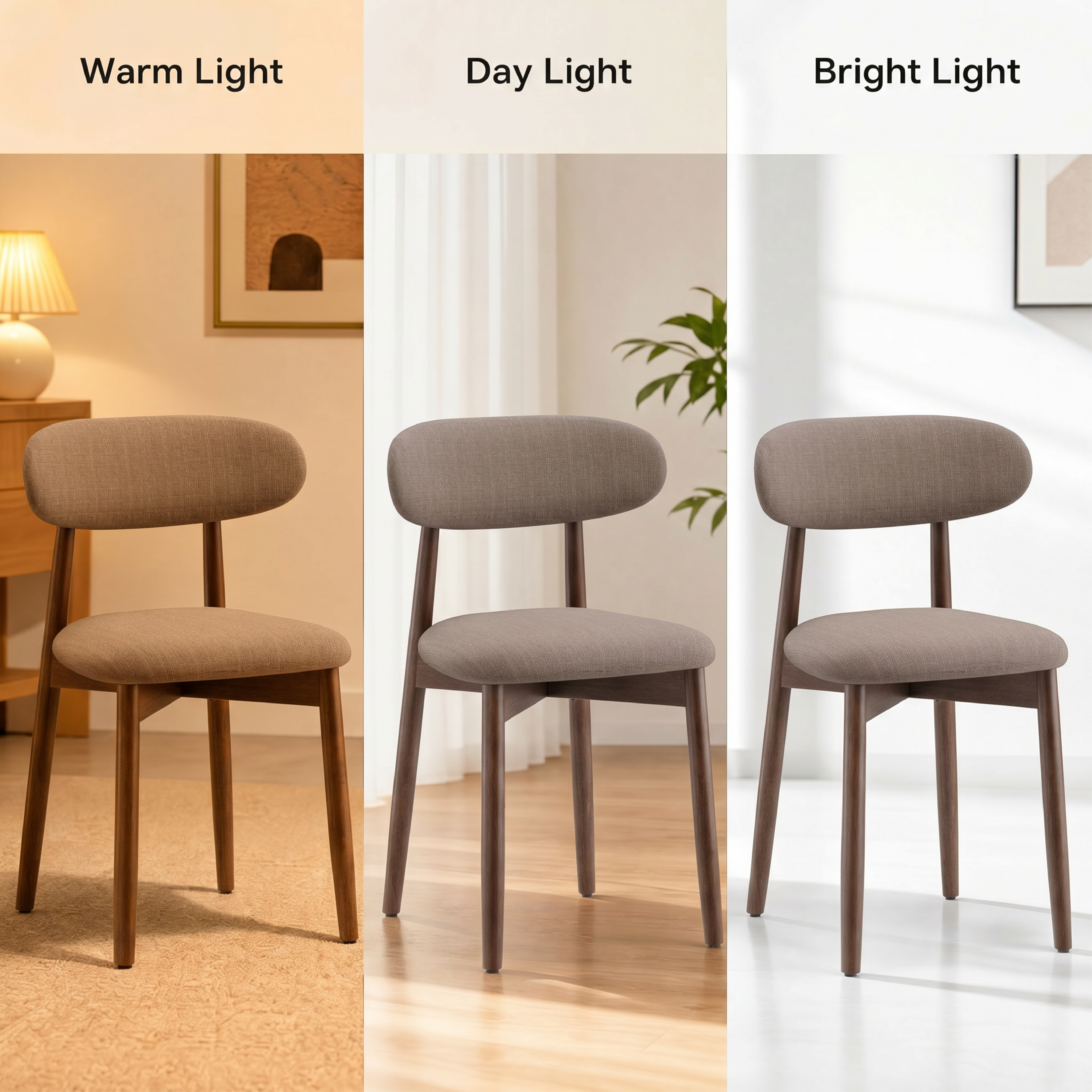 COLAMY NOYA Camel Dining Chair comparison graphic showing the same upholstered dining chair in three lighting panels labeled Warm Light, Day Light, and Bright Light. The chair has a light sage green fabric seat and back with medium brown wooden legs and arm supports, set in a softly styled room with wood flooring and wall decor.