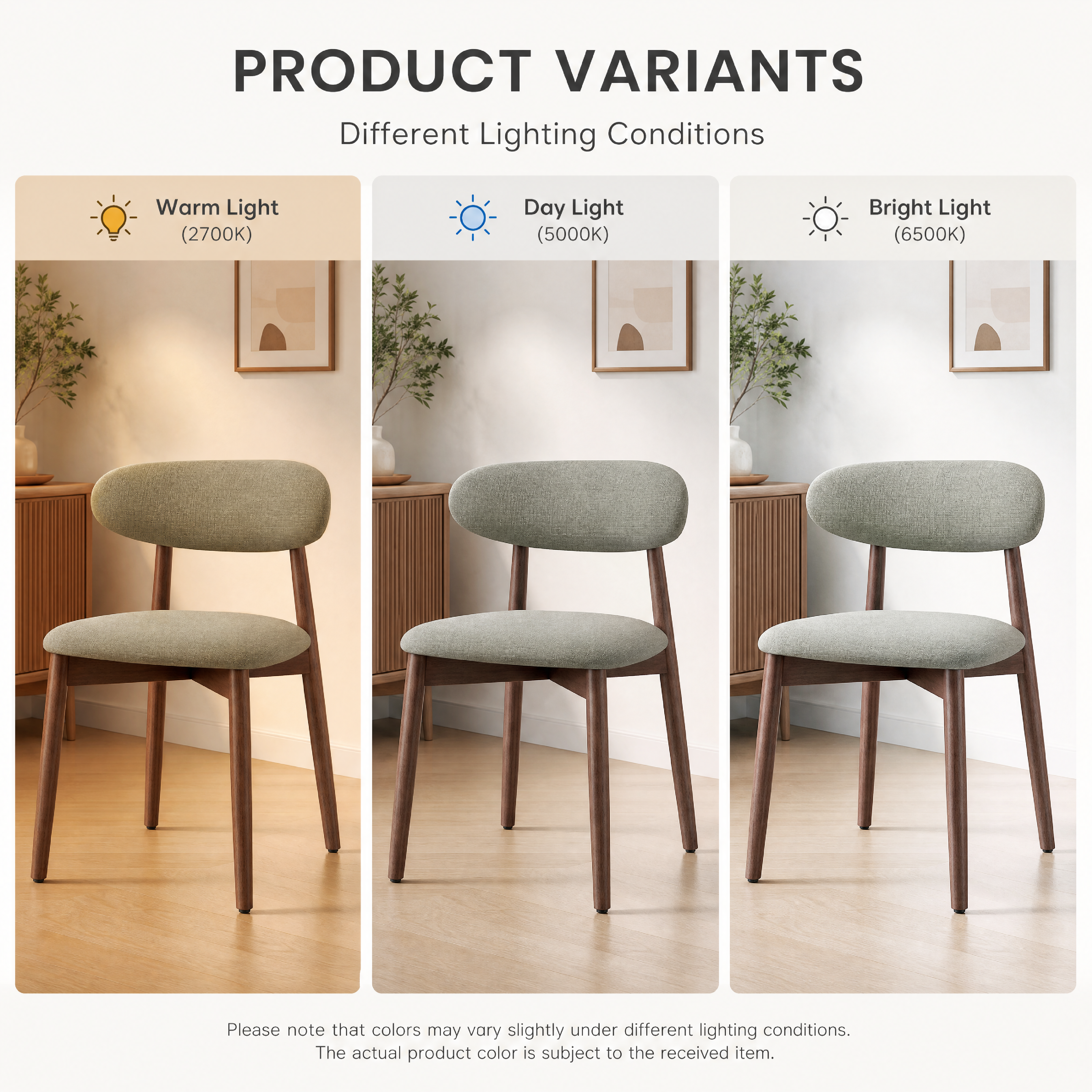 COLAMY NOYA Green Dining Chair comparison graphic showing the same upholstered dining chair in three lighting panels labeled Warm Light, Day Light, and Bright Light. The chair has a light sage green fabric seat and back with medium brown wooden legs and arm supports, set in a softly styled room with wood flooring and wall decor.