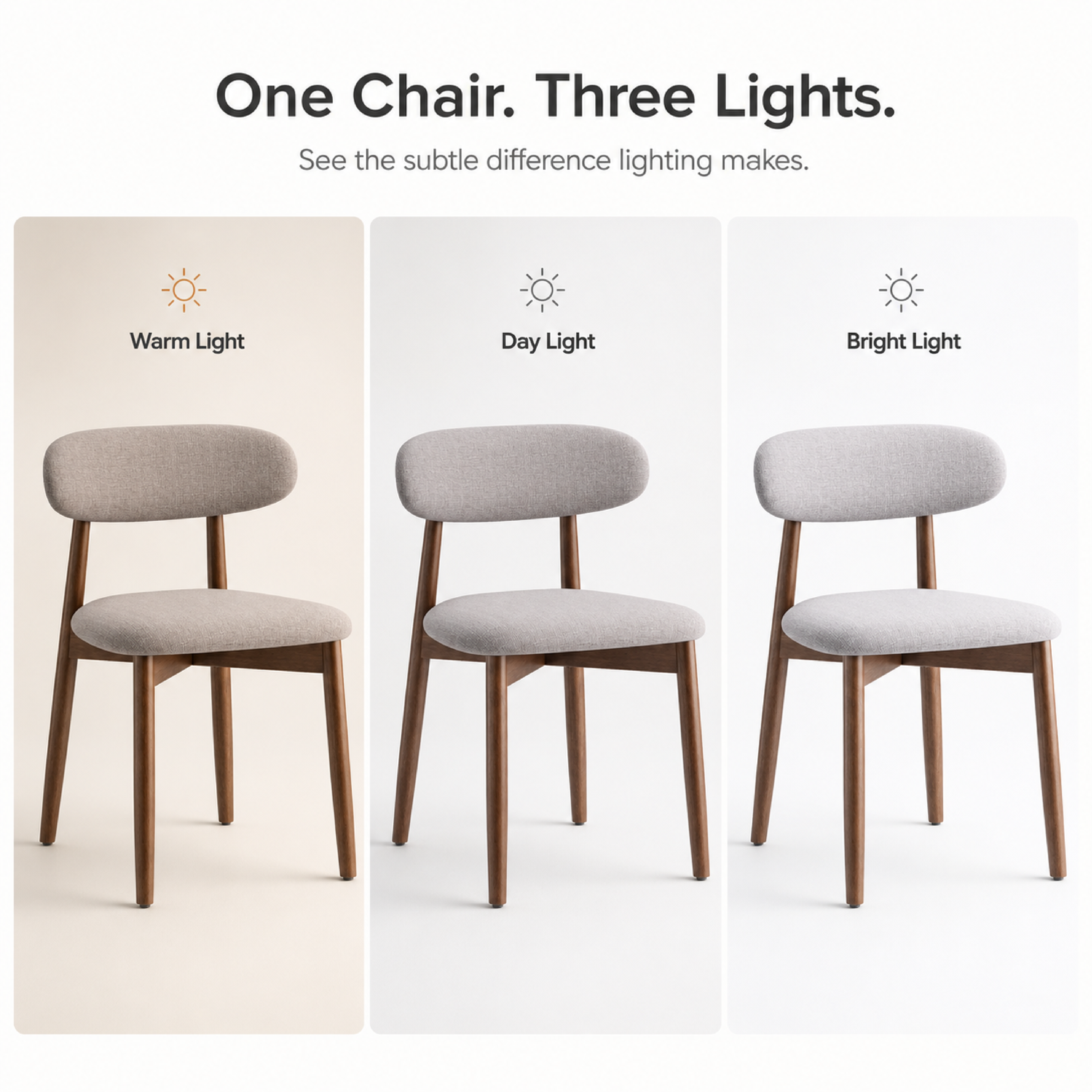 COLAMY NOYA Light Gray Dining Chair comparison graphic showing the same upholstered dining chair in three lighting panels labeled Warm Light, Day Light, and Bright Light. The chair has a light sage green fabric seat and back with medium brown wooden legs and arm supports, set in a softly styled room with wood flooring and wall decor.