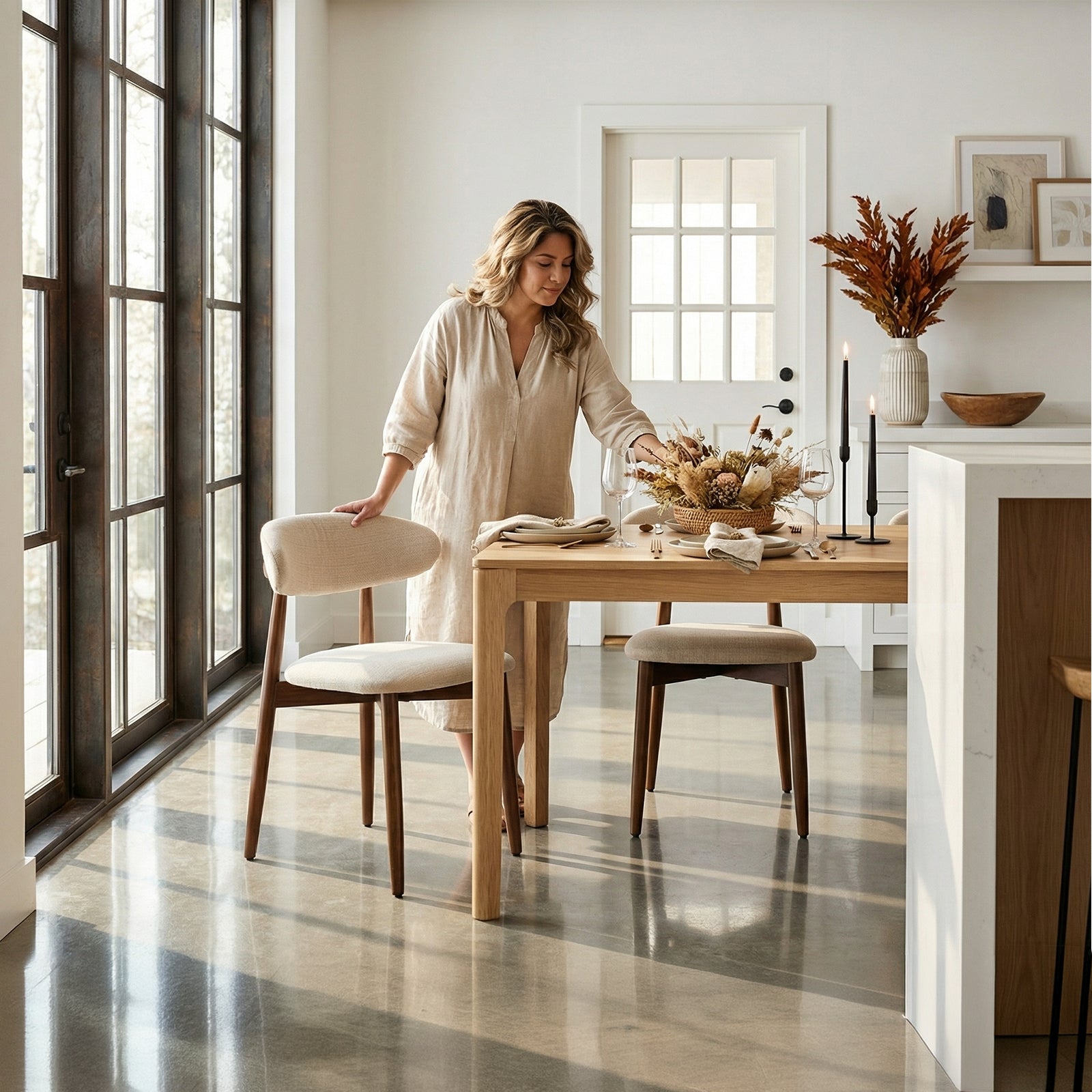 COLAMY NOYA beige fabric dining chair with wooden legs for a warm modern dining space
