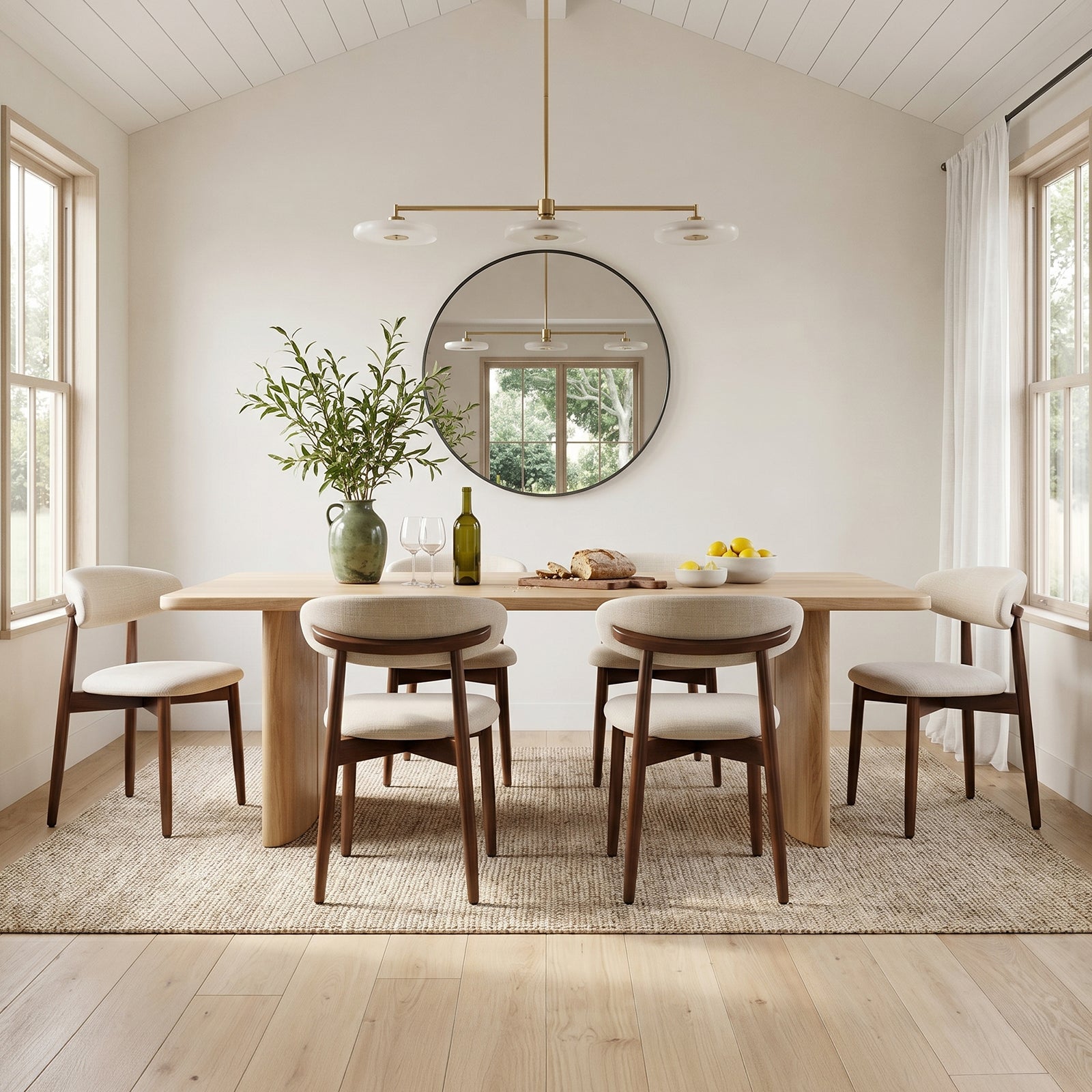 COLAMY NOYA beige upholstered dining chairs with wooden legs in a bright natural dining room