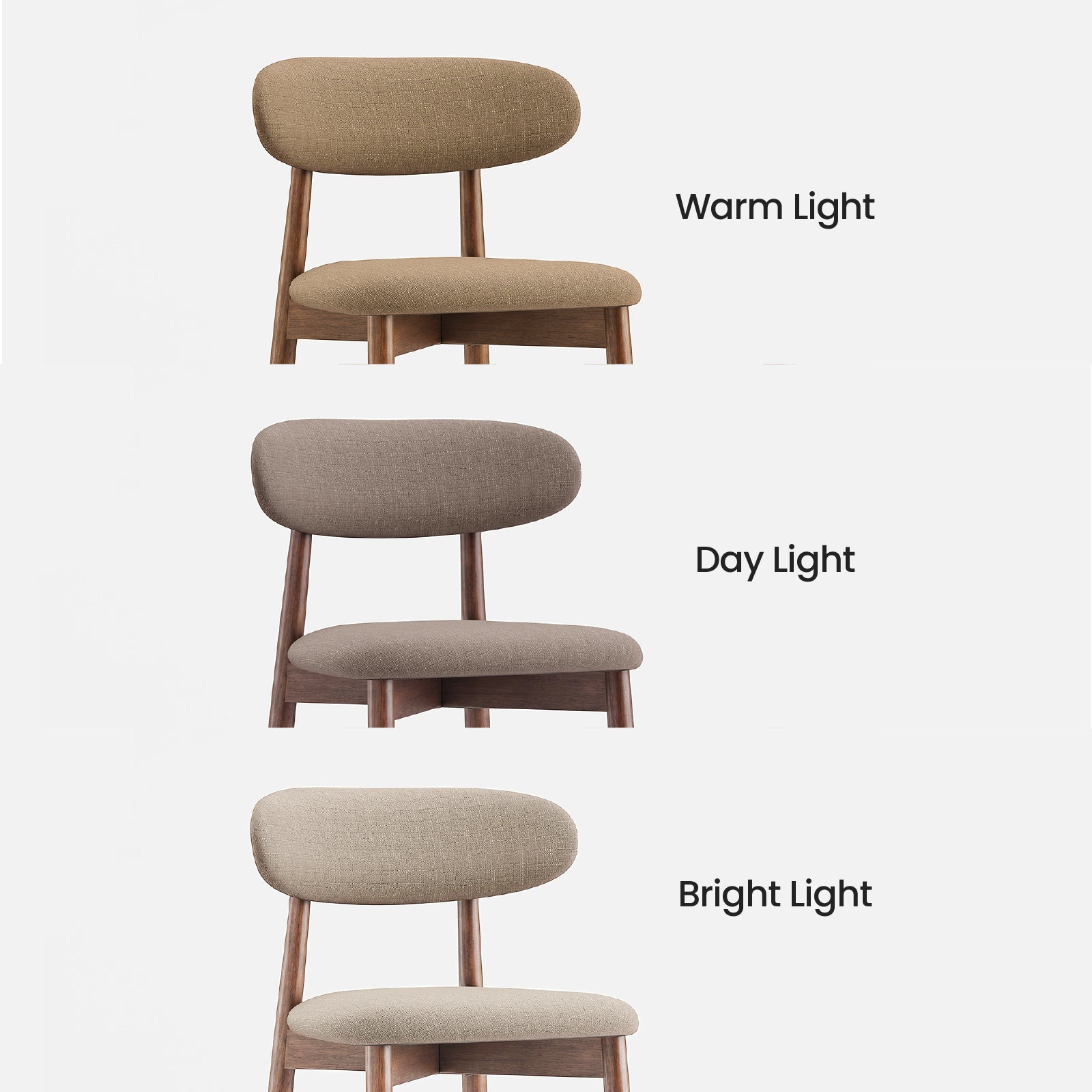 COLAMY NOYA camel fabric dining chair colour shown under warm daylight and bright lighting