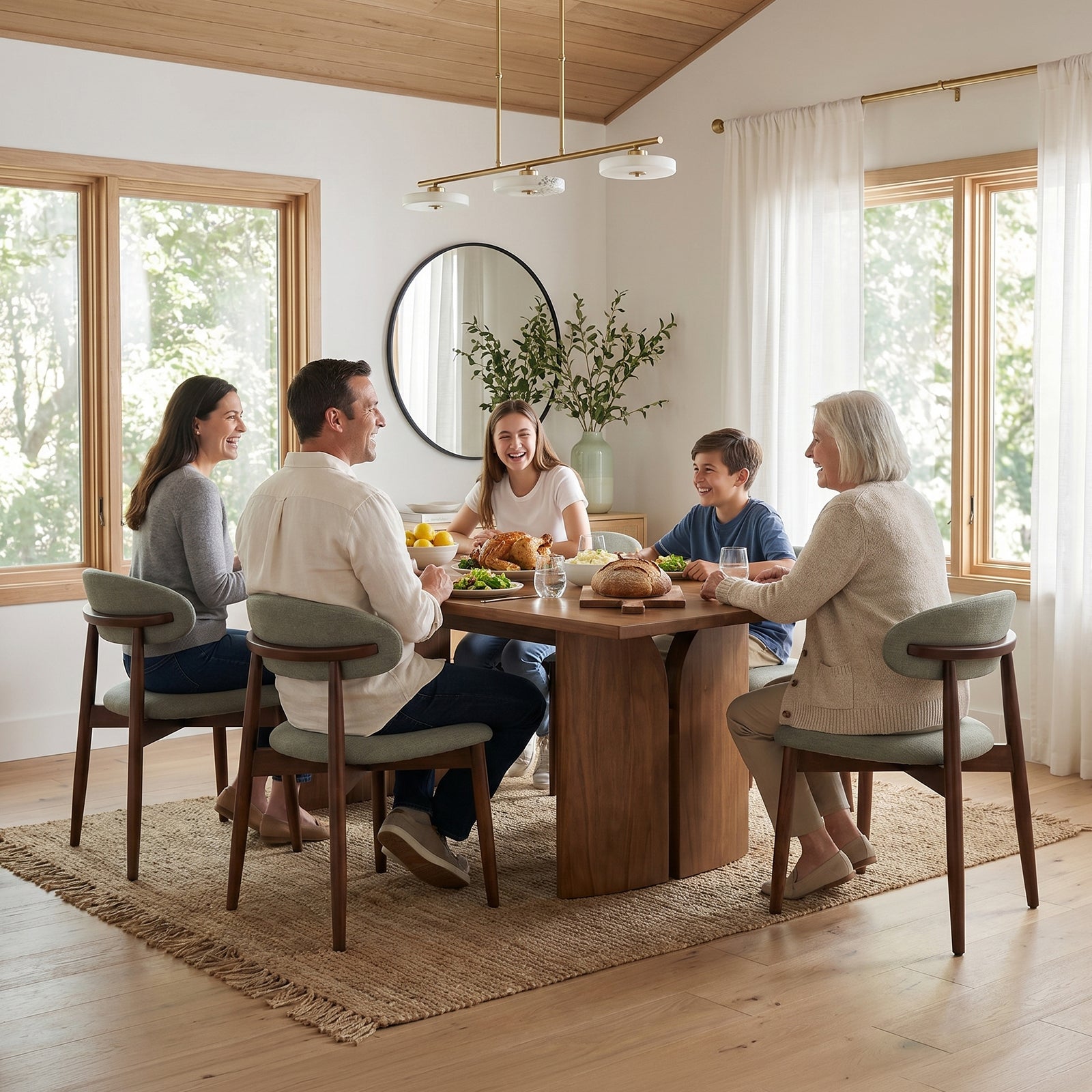 COLAMY NOYA green upholstered dining chairs with wooden frames for a family dining room