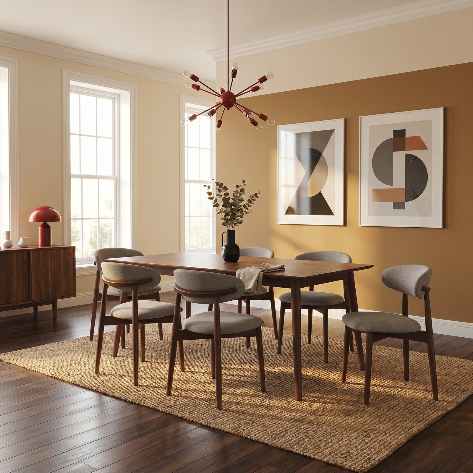 COLAMY NOYA grey upholstered dining chairs with wooden legs in a mid-century modern dining room