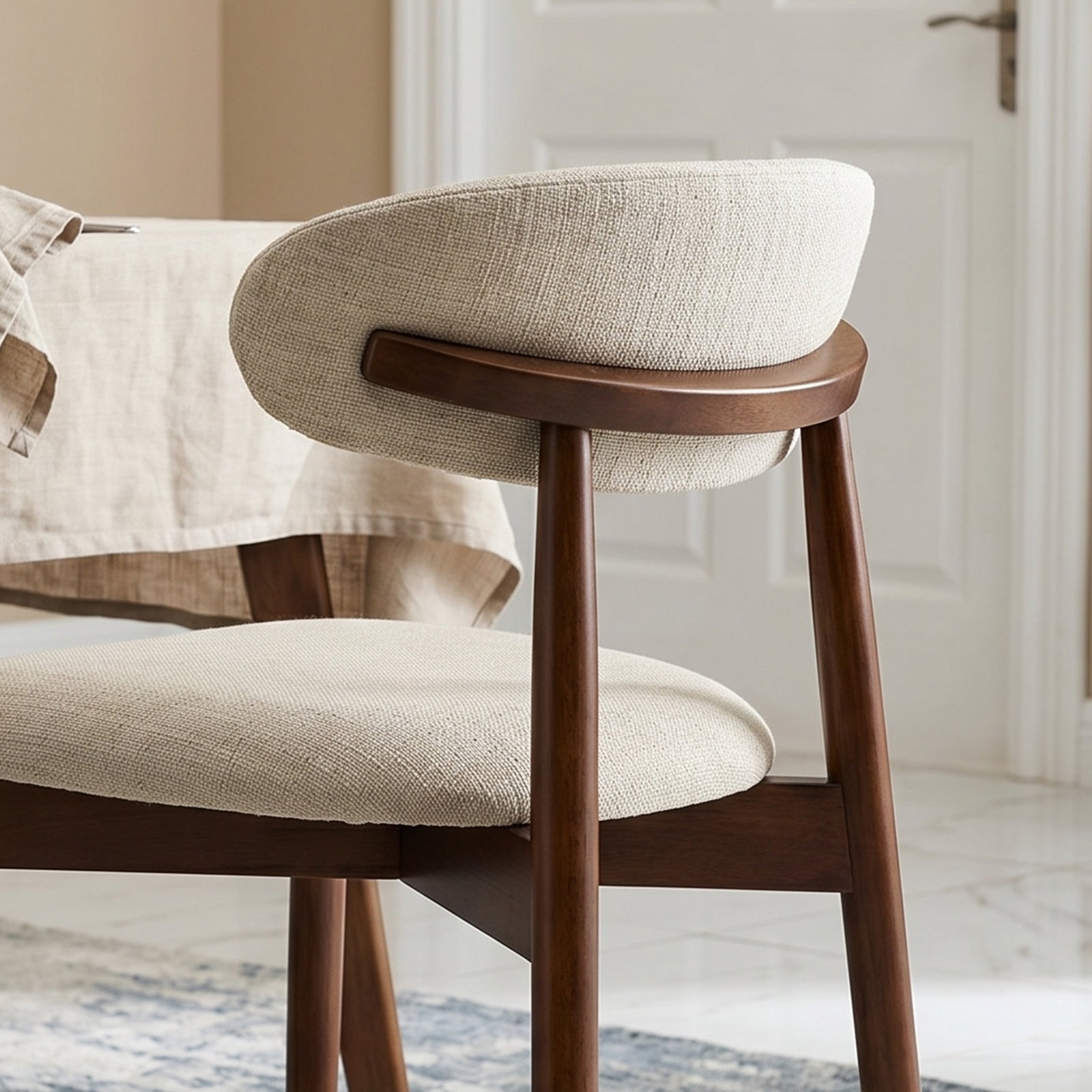 Close-up of COLAMY NOYA beige upholstered curved backrest with wooden chair frame