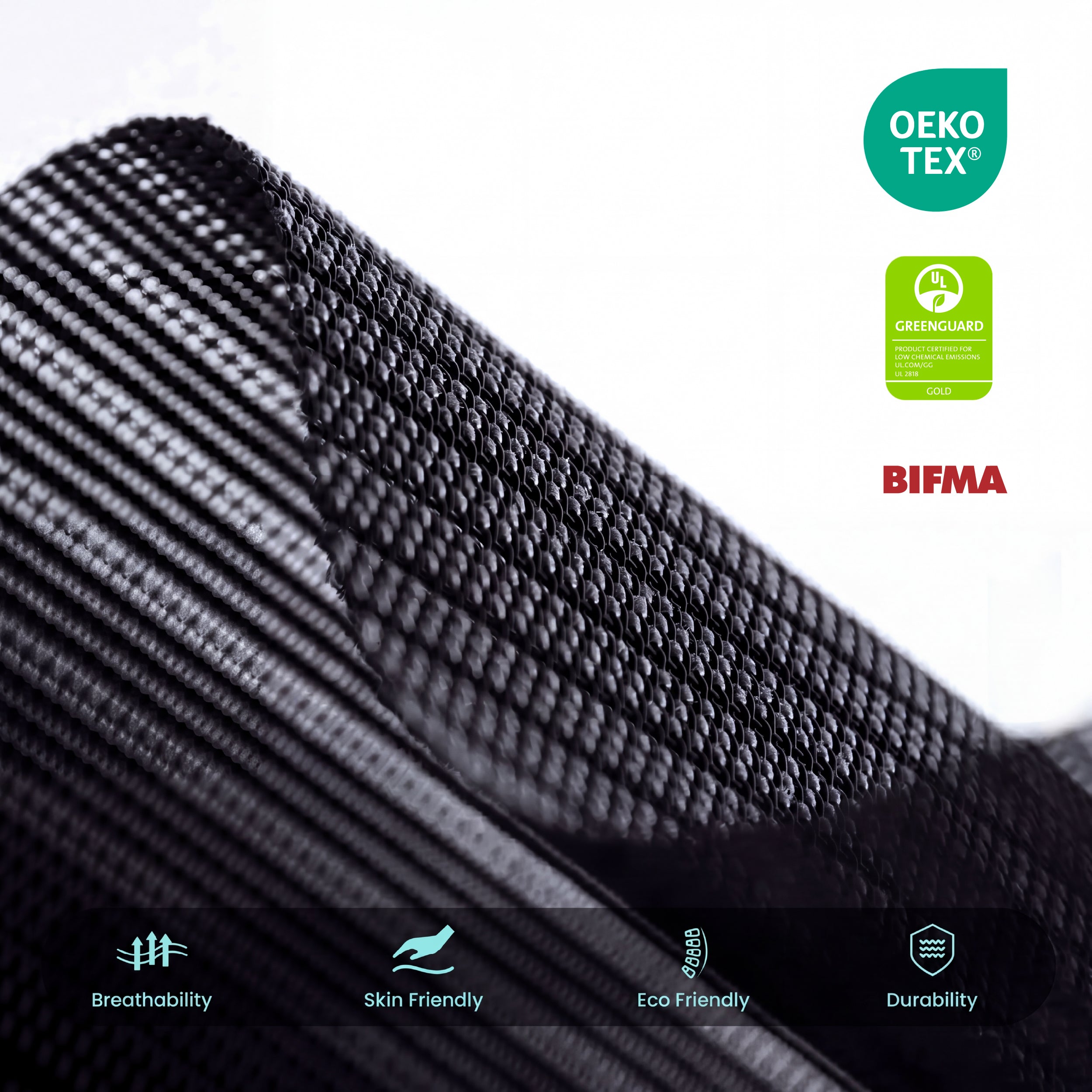 Close-up of COLAMY ATLAS-01 breathable mesh fabric with OEKO-TEX_GREEN GUARD Gold and BIFMA labels
