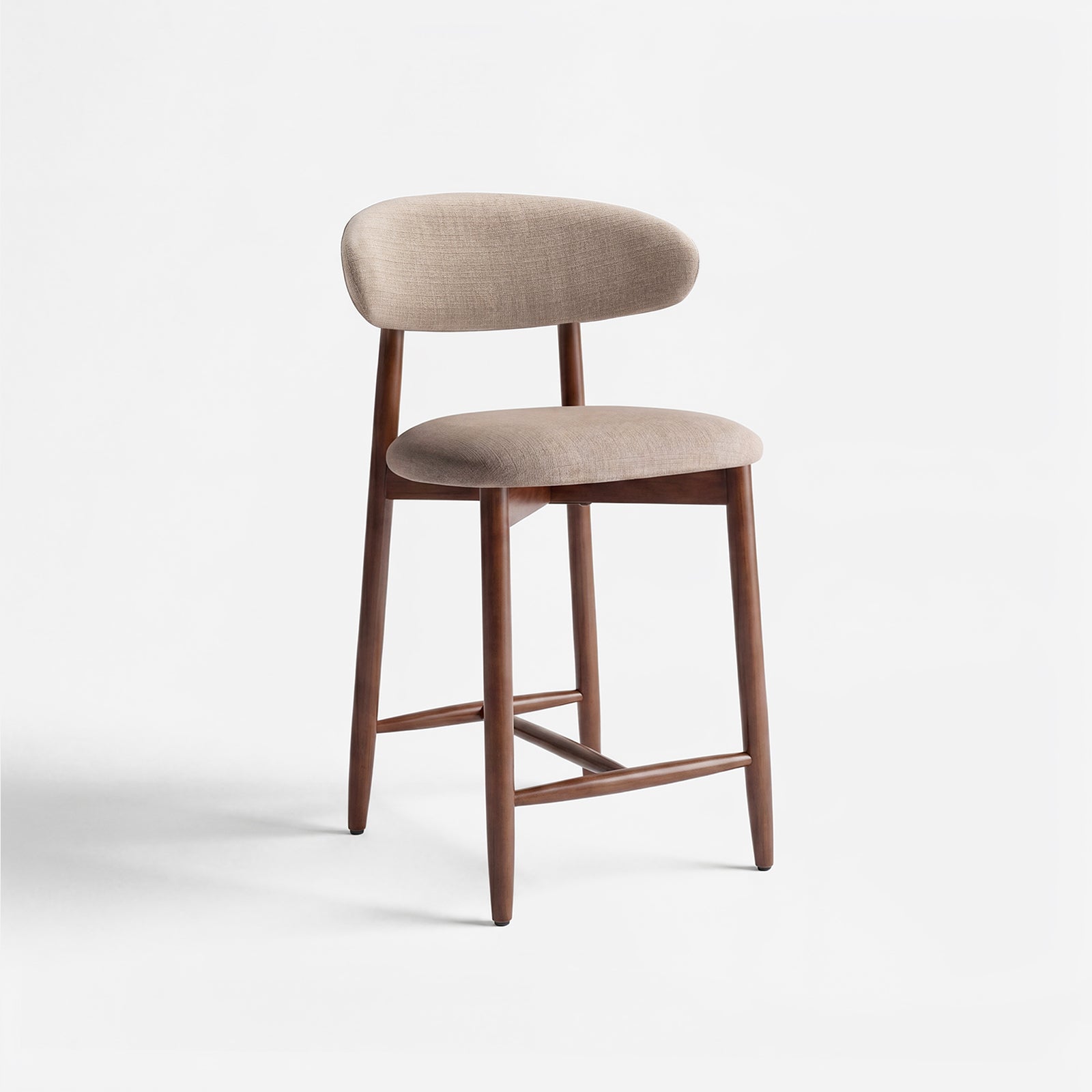 Colamy upholstered Bar stool with wooden frame and Camel cushioned seat and backrest on a white background