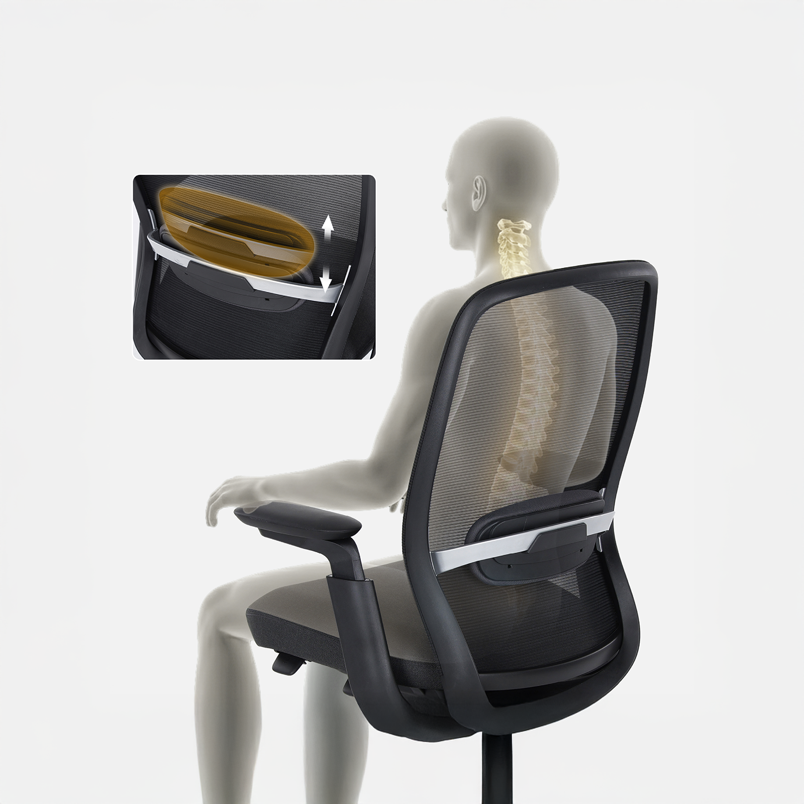 Ergonomic office chair with a mannequin and spine illustration on a white background