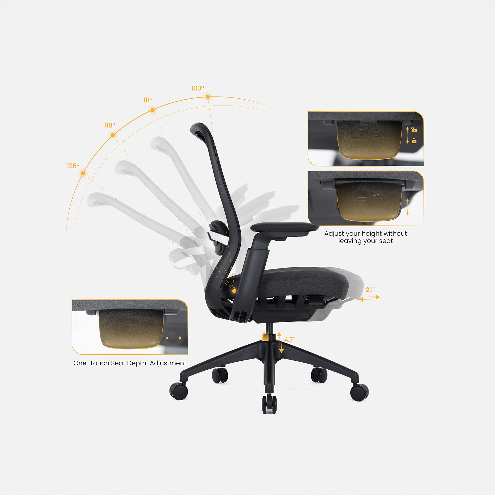 Ergonomic office chair with adjustable features highlighted on a white background