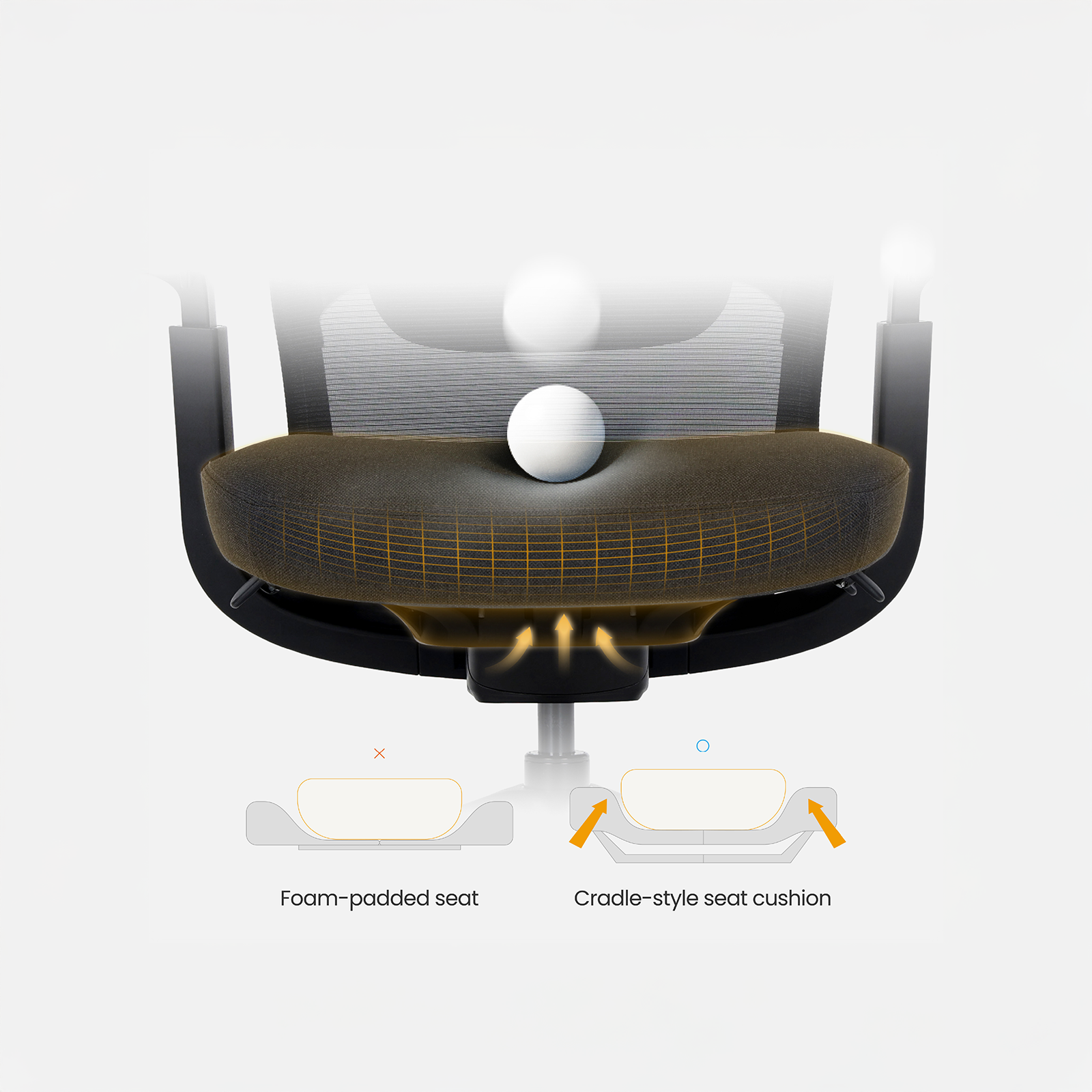 Illustration of a chair with a foam-padded seat and cradle-style seat cushion on a white background.