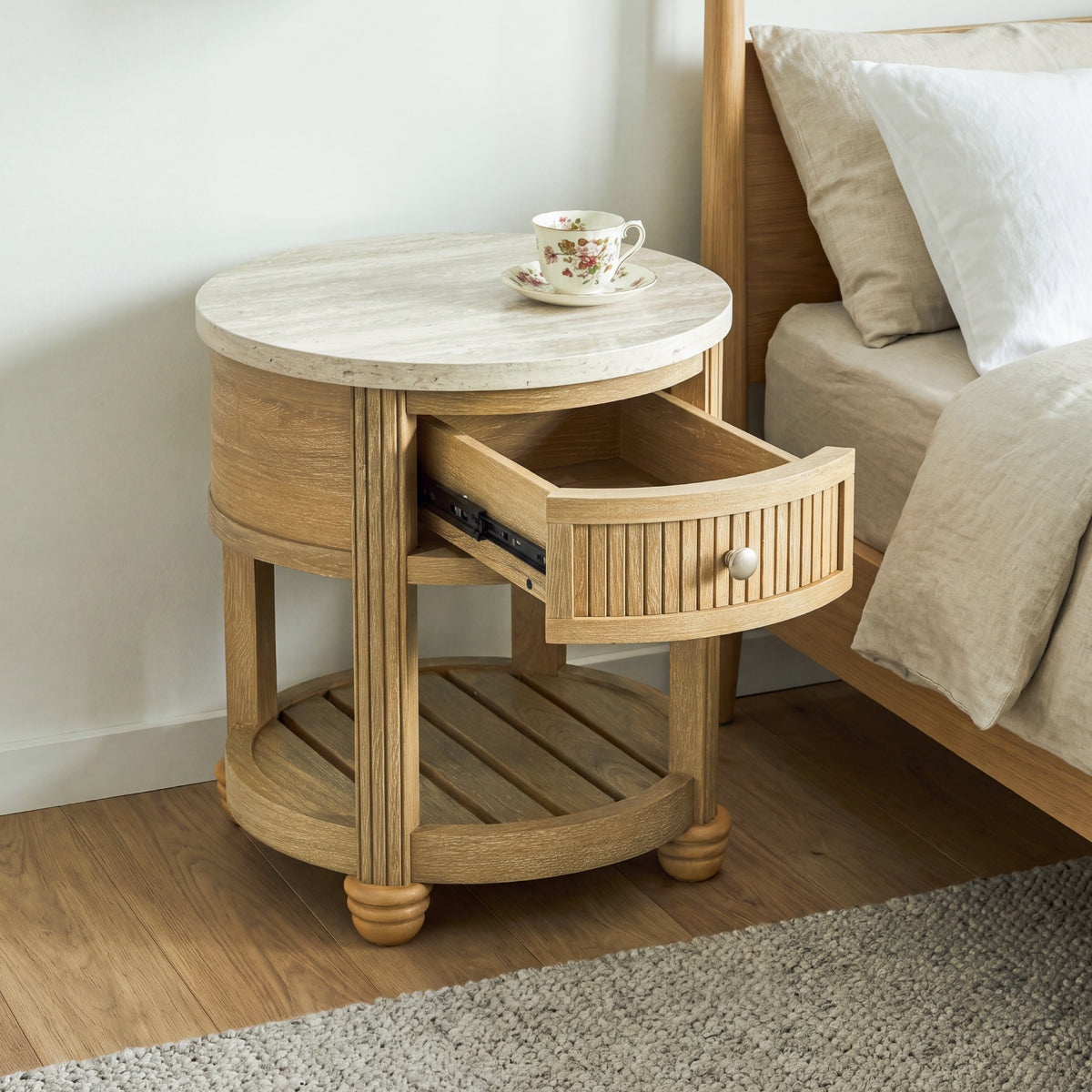 COLAMY VERSE Round Side Table with Drawer & Storage Shelf
