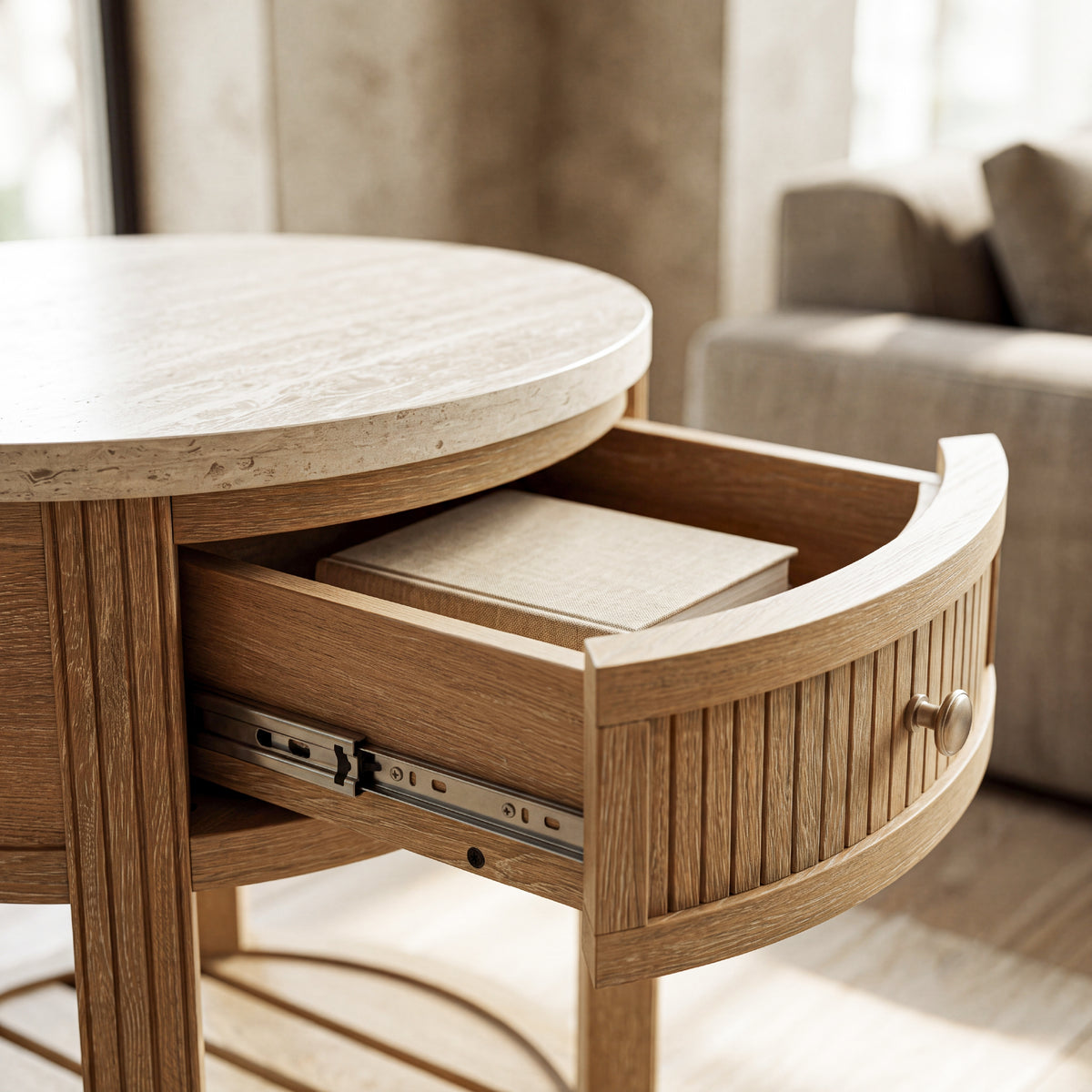 COLAMY VERSE Round Side Table with Drawer & Storage Shelf