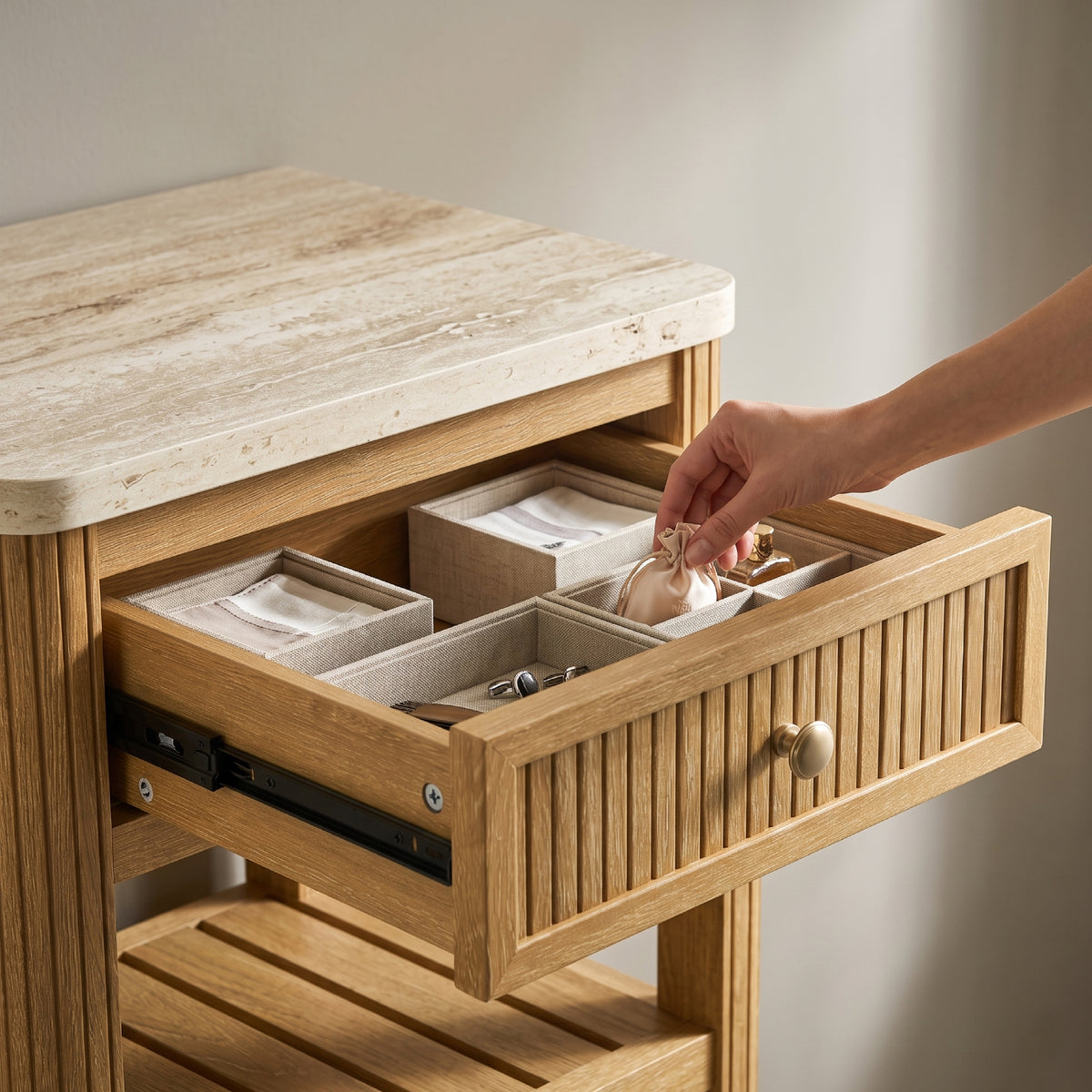 COLAMY VERSE Reeded End Table with Drawer and Open Shelf
