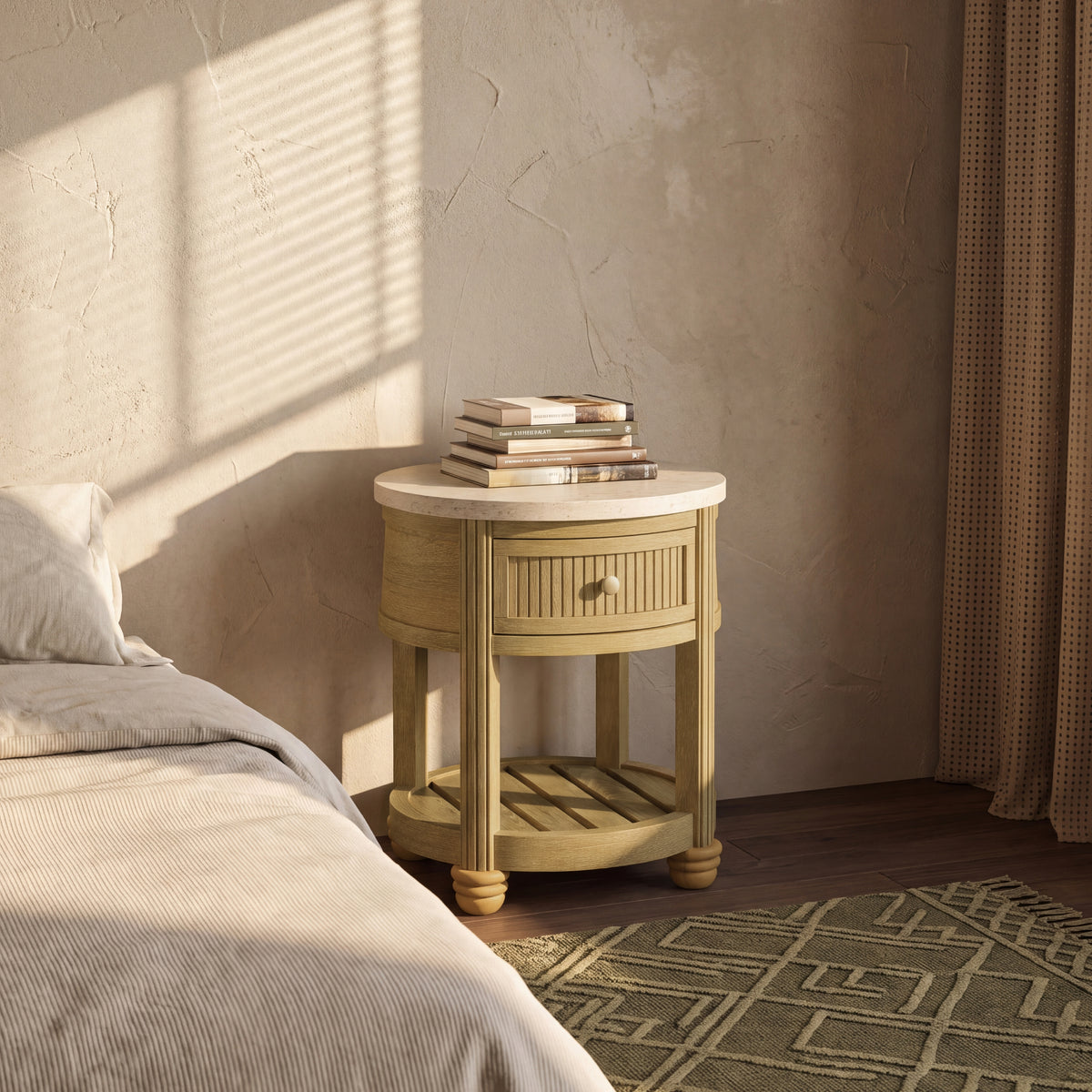 COLAMY VERSE Round Side Table with Drawer & Storage Shelf